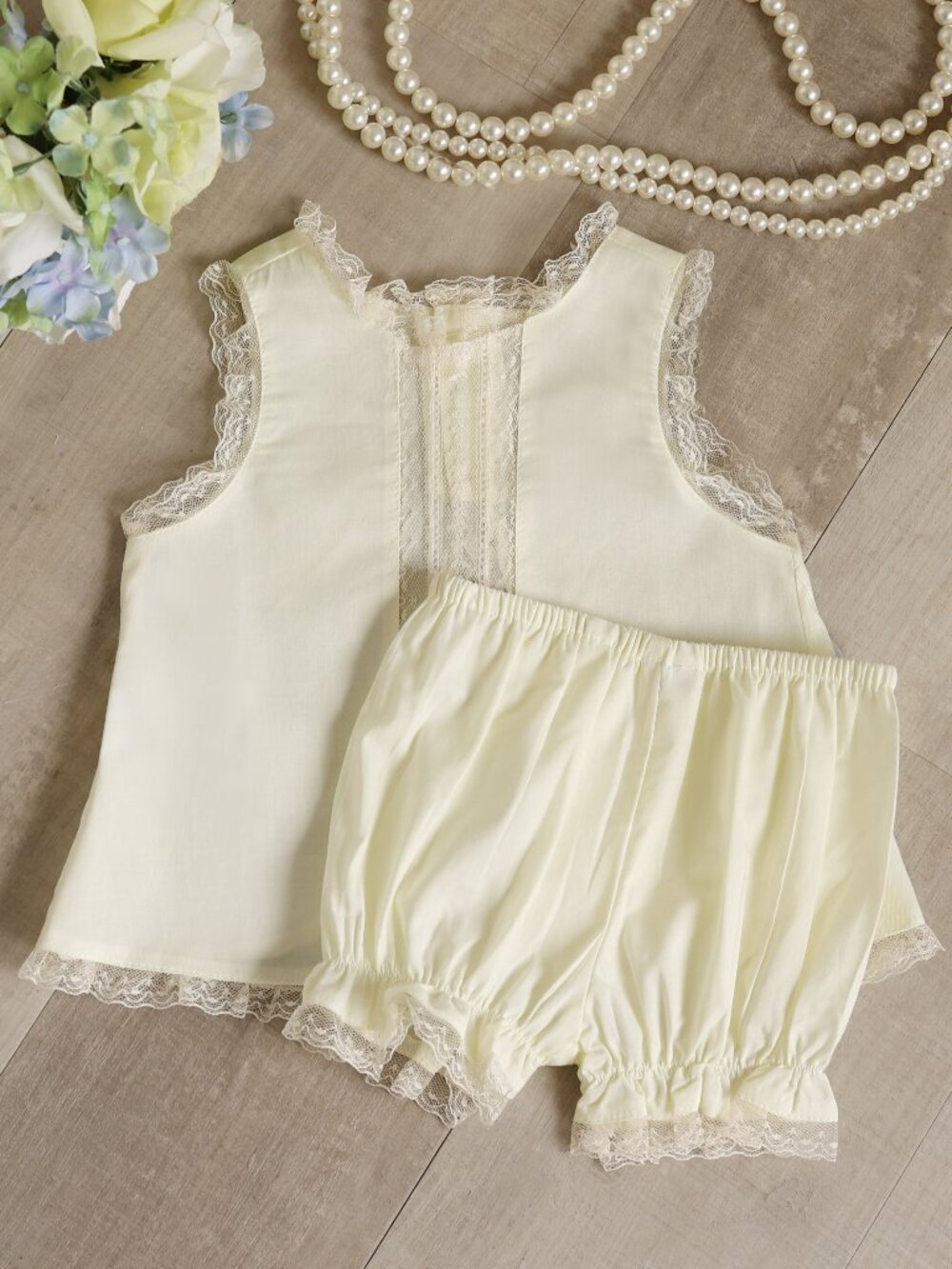 Yellow Cotton Heirloom Diaper Set Ivory Vintage lace Inlays Trapeze Top Fly back
